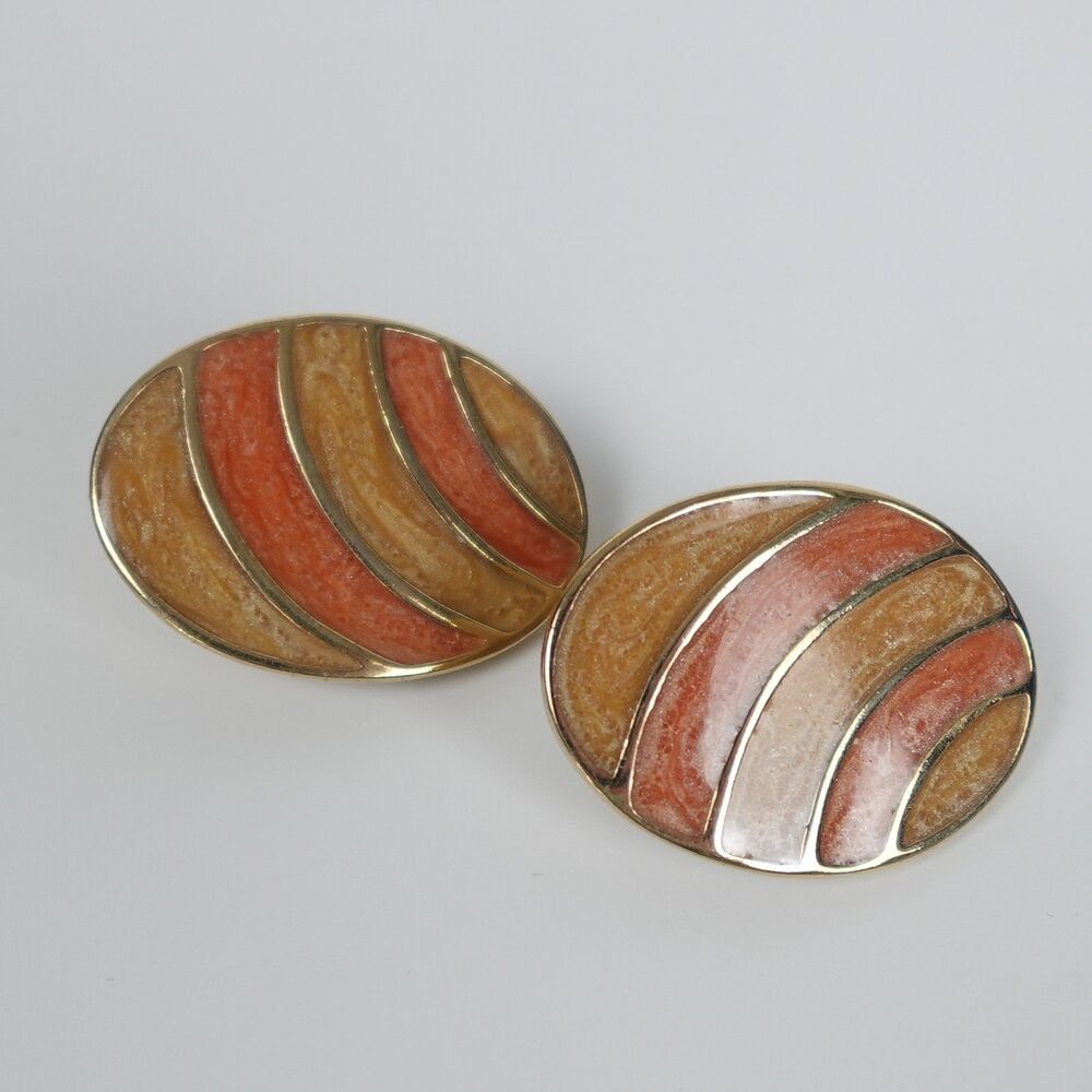 Vintage Style Gold Tone Clip-On Earrings Orange Peach Cream Enamel Art Deco
